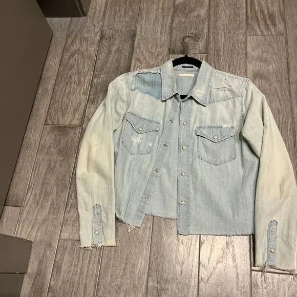 MOTHER Women's The Super Ex's Crop Fray Button-Up Shirt Jacket - Picture 4 of 5